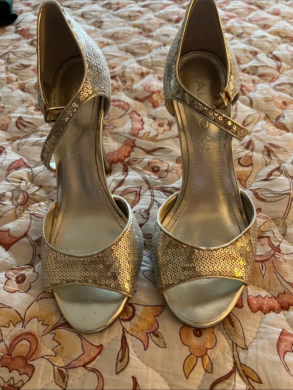 Aldo Gold Sequin Ankle-Strap Open-Toe Heels